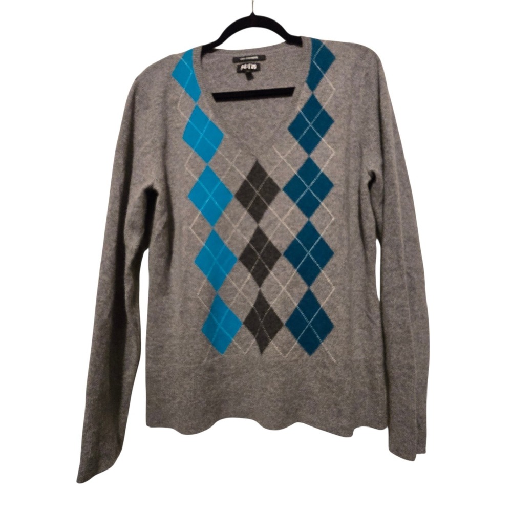 Apt 9 100% Cashmere Sweater Women's XL Gray Blue Argyle‎ Diamond V-Neck Preppy